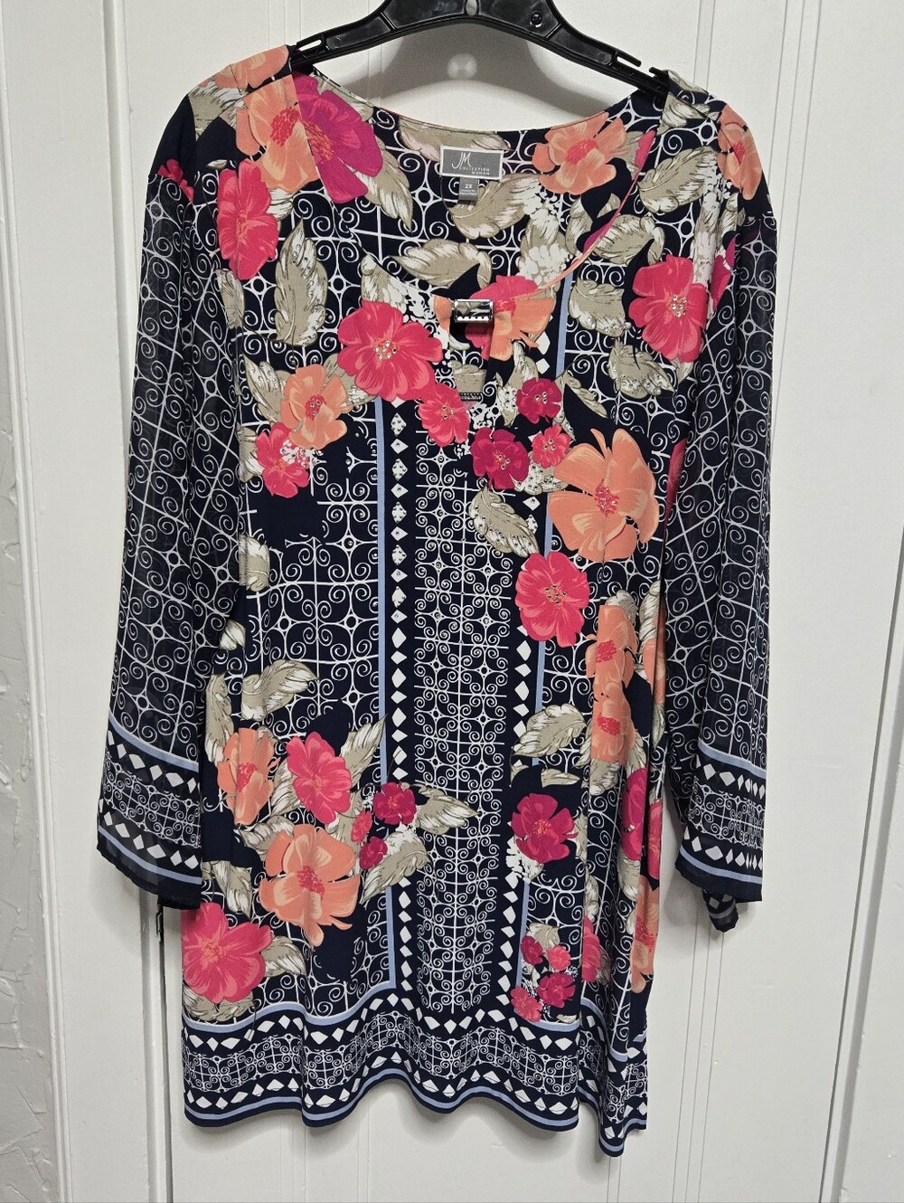 JM Collection Navy Tunic with Coral & Peach Floral Print